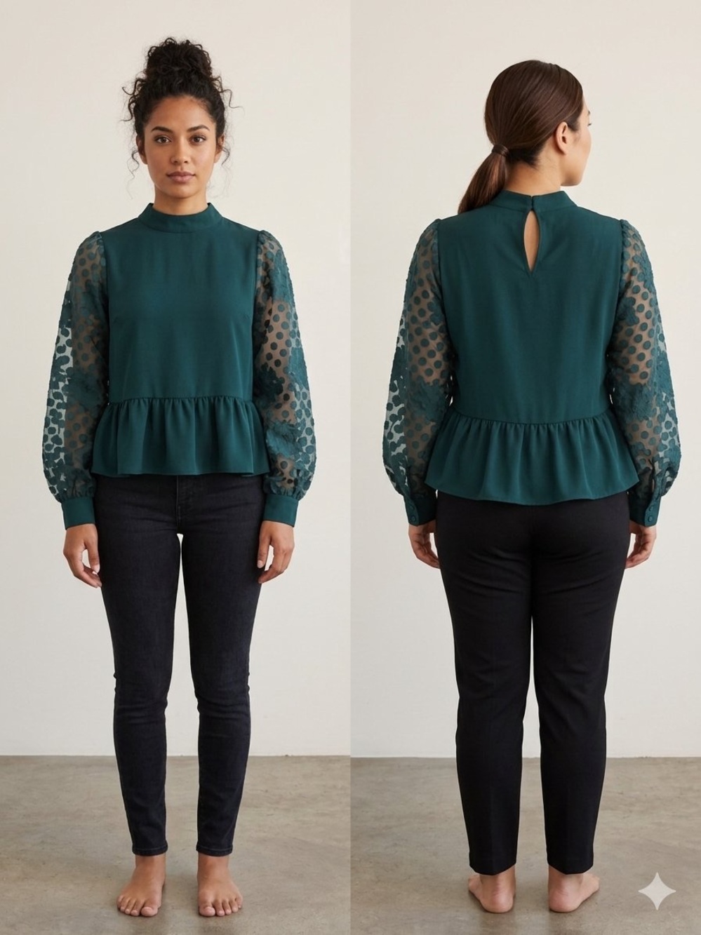 Women’s Sheer Puff Sleeve Peplum Top in Teal